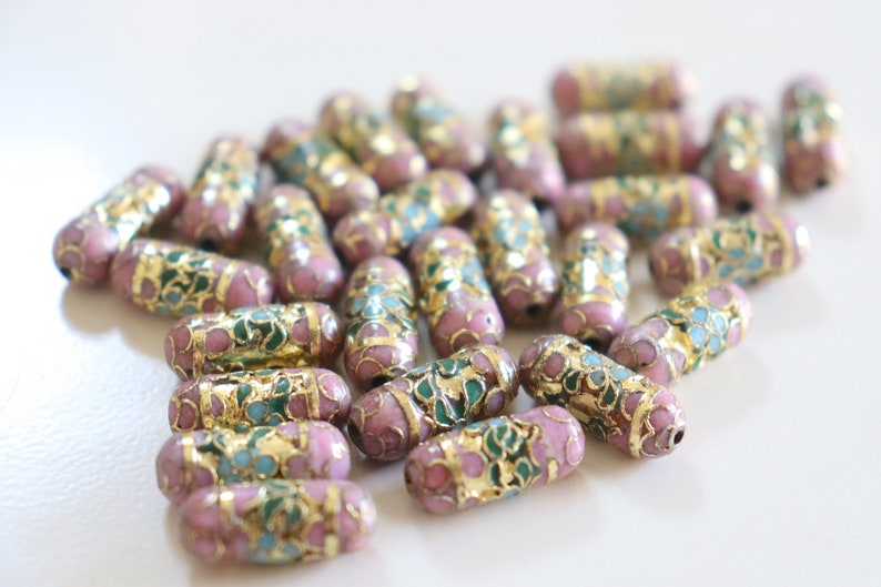 SALE Mauve Cylinder Beads 7mm x 19mm Floral Cloisonne beads 4 image 2