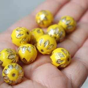 SALE Lemon YELLOW and red spheres - Floral Cloisonné Meena beads (2) 13mm