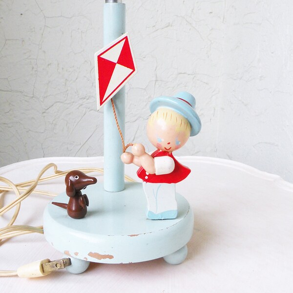 Vintage Irmi Wood Nursery Lamp Boy and Dog Flying Kite Mid Century Sky Blue Red White Baby Night Light