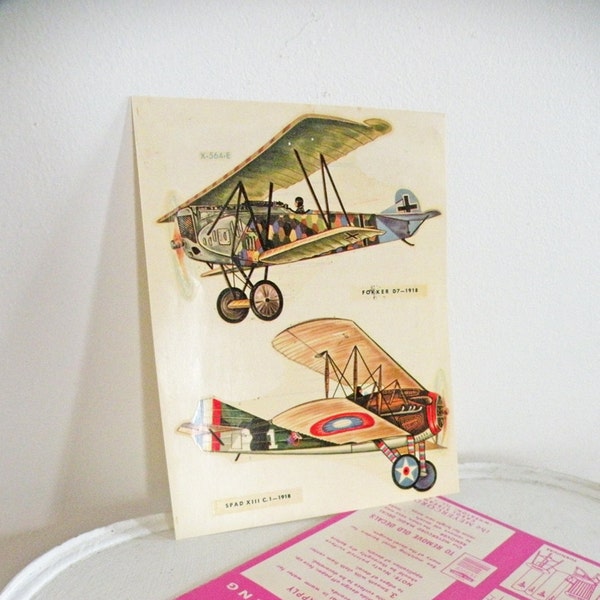 Vintage Airplane Transfer Decals Bi-Planes Fighter Plane Meyercord Decorator Graphic Illustration Decoupage Green Brown Cream