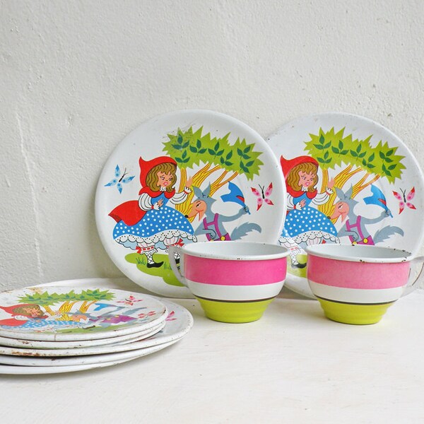 Vintage Tin Toy Tea Set Little Red Riding Hood and Wolf Tea Cups and Saucers Fairy Tale Woodland Tin Lithograph Pink Green Stripe