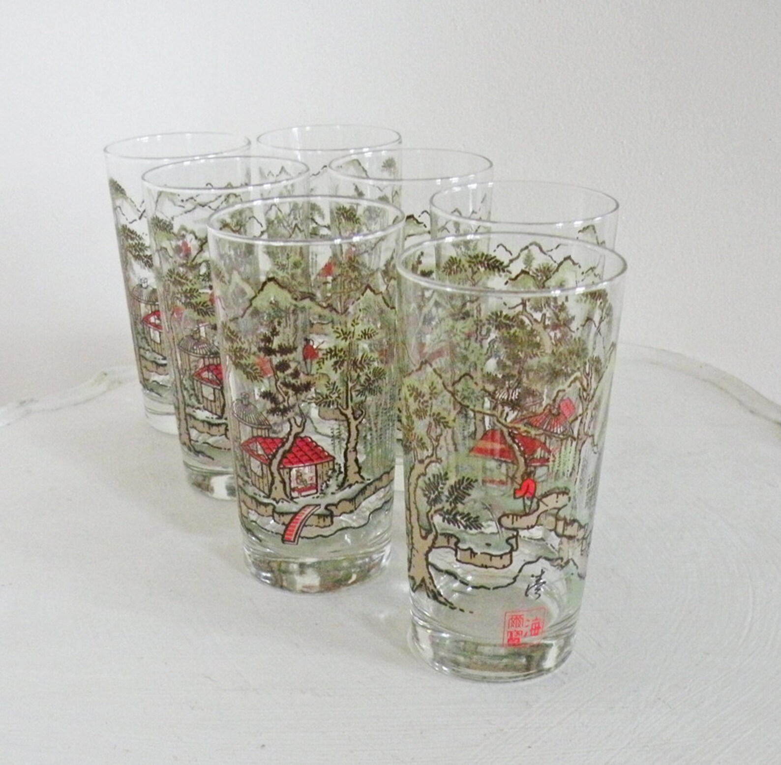 Vintage Asian Scene Drinking Glasses Libbey Glassware Set of Etsy
