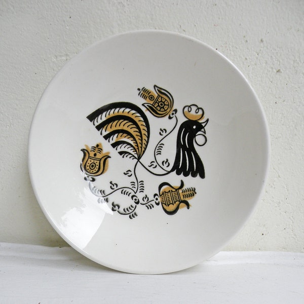 Little Vintage Rooster Dish Mid Century Black Gold White Berry Bowl