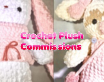 May include: Crochet plush toys in white and pink, with the text "Crochet Plush Commissions". The toys have button eyes and are wearing pink outfits. One toy has a pink bow.