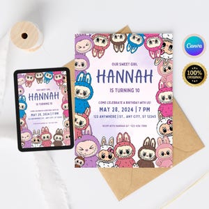 Labubu Kindergeburtstag-Party Einladungskarte, niedlicher Monster-Geburtstag einladen, trendige moderne, druckbare Canva bearbeitbare Vorlage Sofort-Download