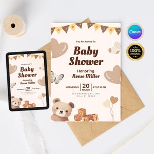 Convite para chá de bebê com ursinho de pelúcia para imprimir, design moderno/boho, bege, impressão em casa, gênero neutro, download instantâneo, modelo Canva