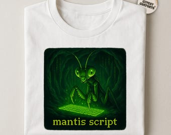 Mantis Script Coder T Shirt, Insect Programmer Meme Tee, Unisex Tech Graphic