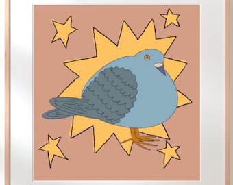 Chubby Pigeon Art Print: Whimsical Cartoon Bird with Stars