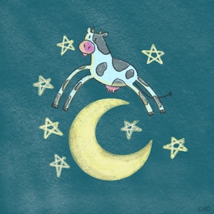Cow Jumped Over the Moon Art Print – Nursery Rhyme Wall Art | Whimsical Farm Animal Illustration | Baby Room Decor | Moon and Stars Print
