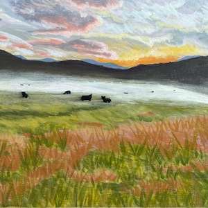 Morning Feeding – Original Acrylic Painting (8x10 in) | Sunrise Pasture with Cows, Fog, and Mountains