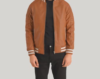 Mens Brown Genuine Leather Bomber Jacket | Varsity Streetwear