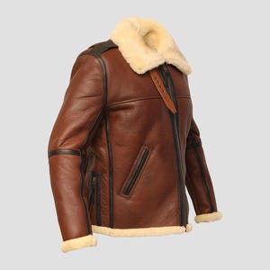 Men’s Brown Shearling Leather Jacket – Real Sheepskin Aviator Winter Coat – Warm Fur Collar B3 Bomber Style Best Gift For Him