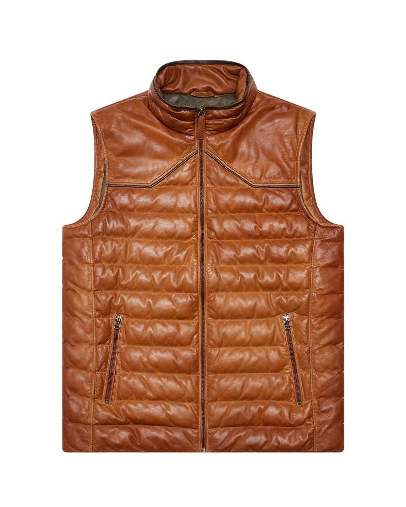 トップス NUTEMPEROR PU LEATHER PUFFER DOWN VEST Puffer Vest Mens Real Lamb Leather Down Bubble Vest, Brown
