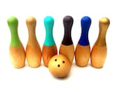 Wooden Bowling Set, Wooden Waldorf Toy Skittles Classic Children 39 s Game 5 quot Pins