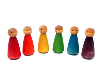 Wooden Peg Dolls Rainbow of 6 Waldorf Montessori Dollhouse Dolls