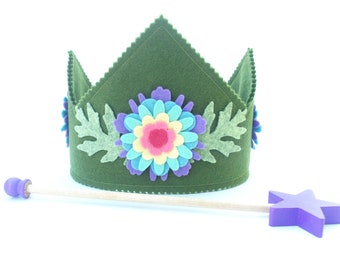 Wool Felt Crown Waldorf Pretend Play Crown and Wooden Wand