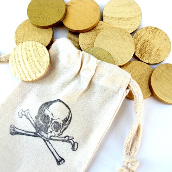 Pirate Treasure Coins in Loot Bag Wooden Gold Coins for Imaginative Play