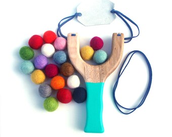 Slingshot with Wool Balls Wooden Waldorf Toy Stocking Stuffer