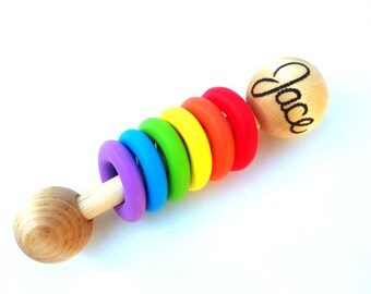 Personalized Baby Rattle Wooden Teething Toy Montessori Inspired