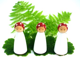 Mushroom Peg Dolls, 3 LARGE Hand Painted Waldorf Toy Wooden People