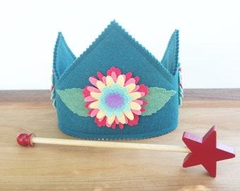 Rainbow Waldorf Crown Wool Felt Pretend Play Crown and Wooden Wand