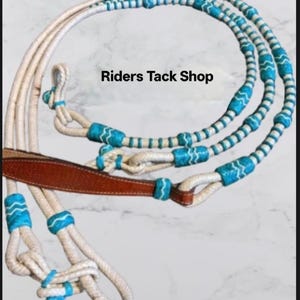 Rênes Romal en cuir brut tressées faites main : noeuds turquoise, harnachement western