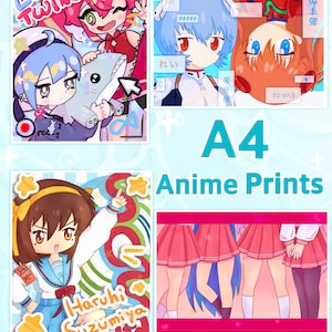 Pode incluir: Uma coleção de impressões de anime A4 com vários personagens ilustrados, incluindo Live Twins, Rei Ayanami, Asuka Langley e Haruhi Suzumiya, com cores vibrantes, texto em japonês e elementos gráficos em um fundo azul claro.