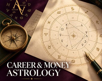 May include: A circular astrological chart on parchment paper featuring planetary symbols and zodiac signs, accompanied by a gold compass, a fountain pen, and the text: CAREER & MONEY ASTROLOGY, Financial Destiny, Career Path & Abundance Timing.