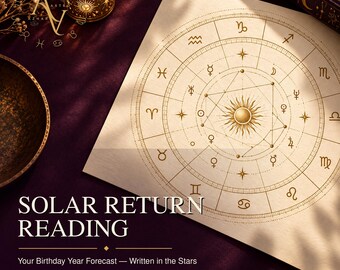 Op de afbeelding: Een crèmekleurig papier met een goudkleurige, cirkelvormige astrologische kaart met dierenriemsymbolen en planeeticonen. De tekst luidt SOLAR RETURN READING en Your Birthday Year Forecast — Written in the Stars.