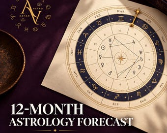 May include: A 12-month astrology forecast report featuring a circular zodiac chart with planetary symbols, months, and a golden pointer. The text reads 12-MONTH ASTROLOGY FORECAST and Your Personalized Year Ahead Prediction Report, with the AZHAR ASTRO logo.