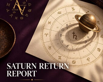 May include: A beige astrological chart featuring zodiac symbols and planetary icons, with a metallic Saturn model placed on top. The text reads SATURN RETURN REPORT and Life's Greatest Turning Point Decoded, with an AZHAR ASTRO logo in the corner.