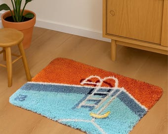 Swimming Pool Rug –  Orange or Green | Retro Poolside Carpet | 3 Sizes Available | Cute Summer Colourful Decor, Bath Mat
