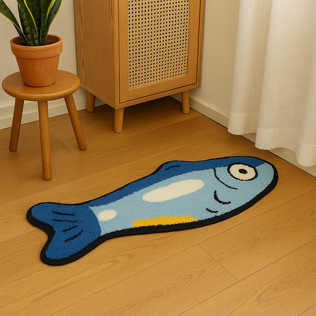 Fish Shaped Rug–120x40cm Blue Irregular Floor Mat|Cute Bold Animal Rug|Unique non-slip rug| Playful Carpet for living room,bedroom,bathroom