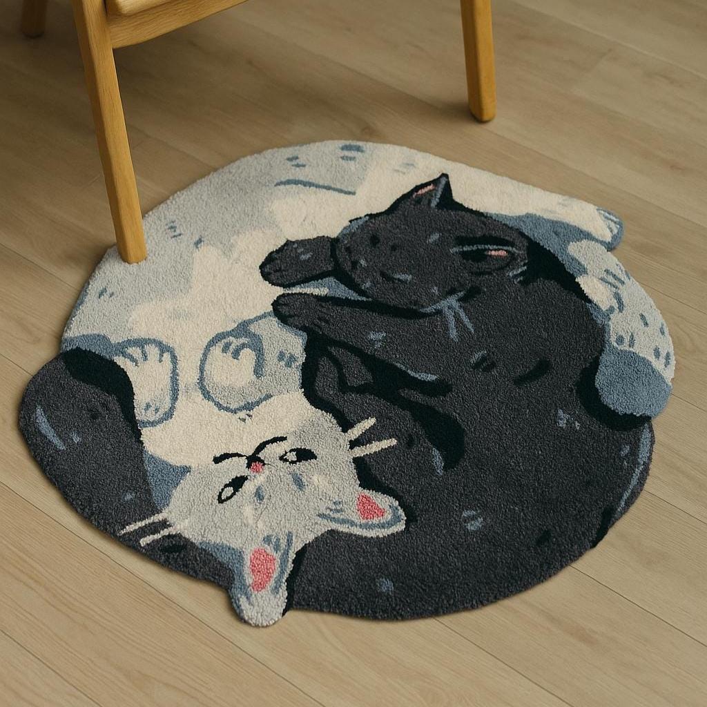 Yin Yang Cat Rug – 60cm Irregular Shaped Rug for Cat Lovers | Soft Aesthetic Animal Carpet | Cute Kawaii Cat Floor Mat