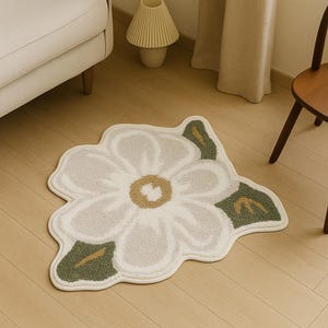 Peut inclure: Un tapis en forme de fleur avec un fond blanc et un centre jaune clair. Le tapis a des feuilles vertes et une bordure blanche. Le tapis est fait d'une matière douce et texturée et est posé sur un sol en bois.