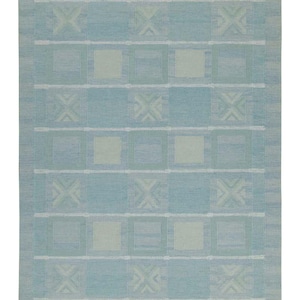 Swedish Marianne Richter Inspired Kilim Rug – Handwoven Scandinavian Flatweave Wool Rug – Light Blue Geometric Decor – Modern Nordic Style