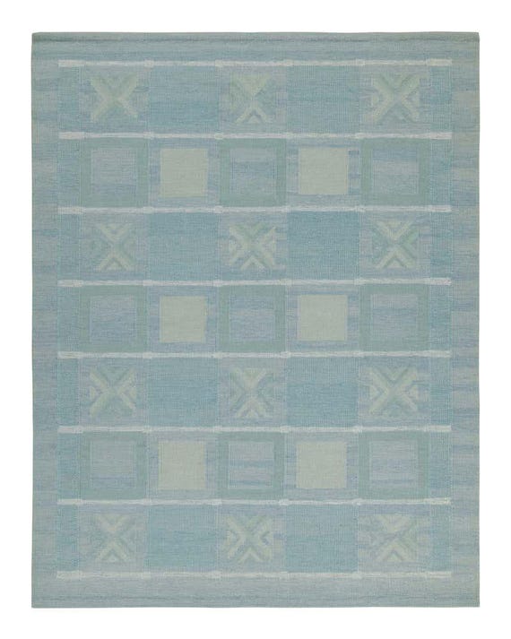 Handwoven Kilim Rug: Swedish Modern Blue Geometric Wool Flatweave