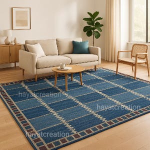 Handwoven Blue Geometric Wool Rug – Tribal Grid Pattern with Color-Block Border 5x8 8x10 9x12