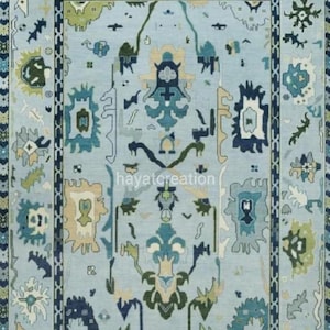 Tappeti turchi contemporanei Oushak annodati a mano color azzurro pastello per zona giorno 6x9 8x10 9x12