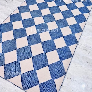 Modern Blue Diamond Handwoven Wool Rug – Geometric Pattern in Cream & Indigo 12x15 12x18