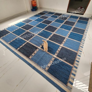 Tappeto Dhurrie in lana a griglia blu: moderno kilim a scacchi, 6x9 piedi