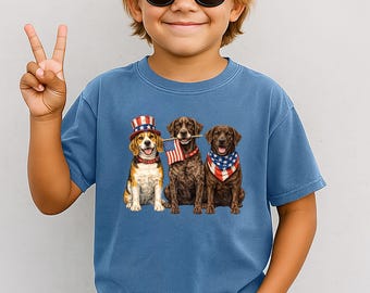 Camiseta para niños y jóvenes con diseño de perros americanos, 250 años, 4 de julio, colores cómodos.