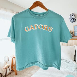 May include: A teal-colored t-shirt with the word "GATORS" in orange block letters. The shirt is hanging on a wooden hanger. The bottom right corner of the image has a "CHALKY MINT" label.
