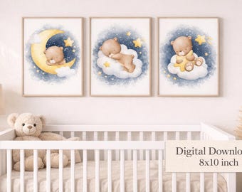 Schlafender Bär Kinderzimmer Kunstdrucke, Mond-Stern-Dekor