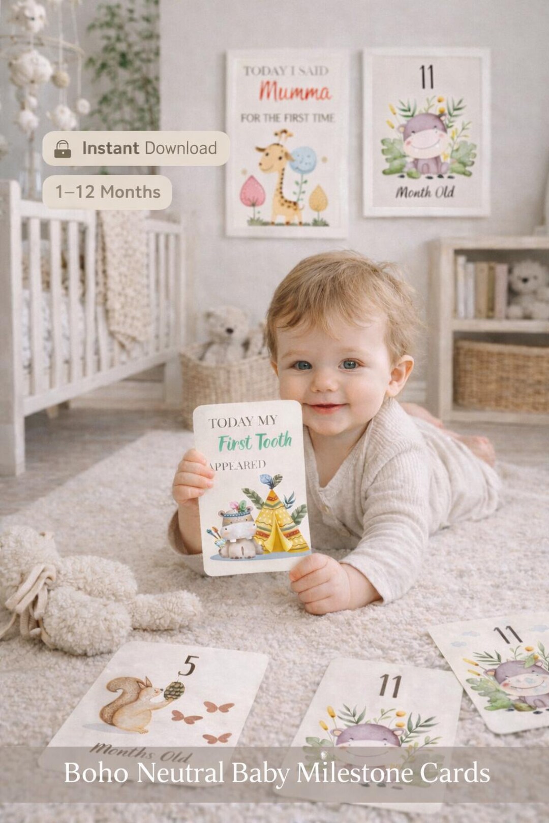 Boho Baby Milestone Cards 1-12 Months, Neutral Nursery Decor (printable ...