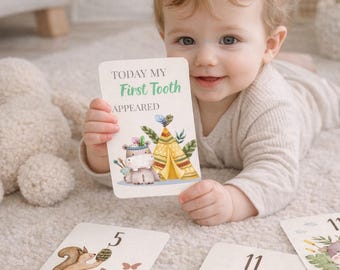 Boho Baby Milestone Cards, Watercolor Animals