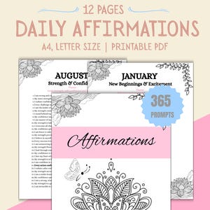 Könnte beinhalten: Ein druckbares PDF mit dem Text "DAILY AFFIRMATIONS" und "12 PAGES". Das Design umfasst florale Illustrationen und die Wörter "AUGUST" und "JANUARY" mit "365 PROMPTS". Die Worte "INSTANT DOWNLOAD" sind ebenfalls sichtbar.