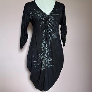 Whimsygoth goth bubble hem dress tunic top mini | Small Medium UK10 UK12 | Black jersey V-neck metallic print Fame Will Come Later Y2K