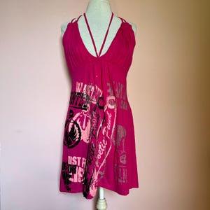 Hot pink Strappy Halter Babydoll Dress | Medium UK12 UK14 US8 US10 | Fame Will Come Later Safety Pink Poetic Punk graphic print indie sleaze