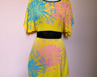Alternative punk Mini Dress Y2K Tunic Top | XS Small UK8 US4 | Yellow Black Custom print Fame Will Come Later 2000s festival rave cybergoth
